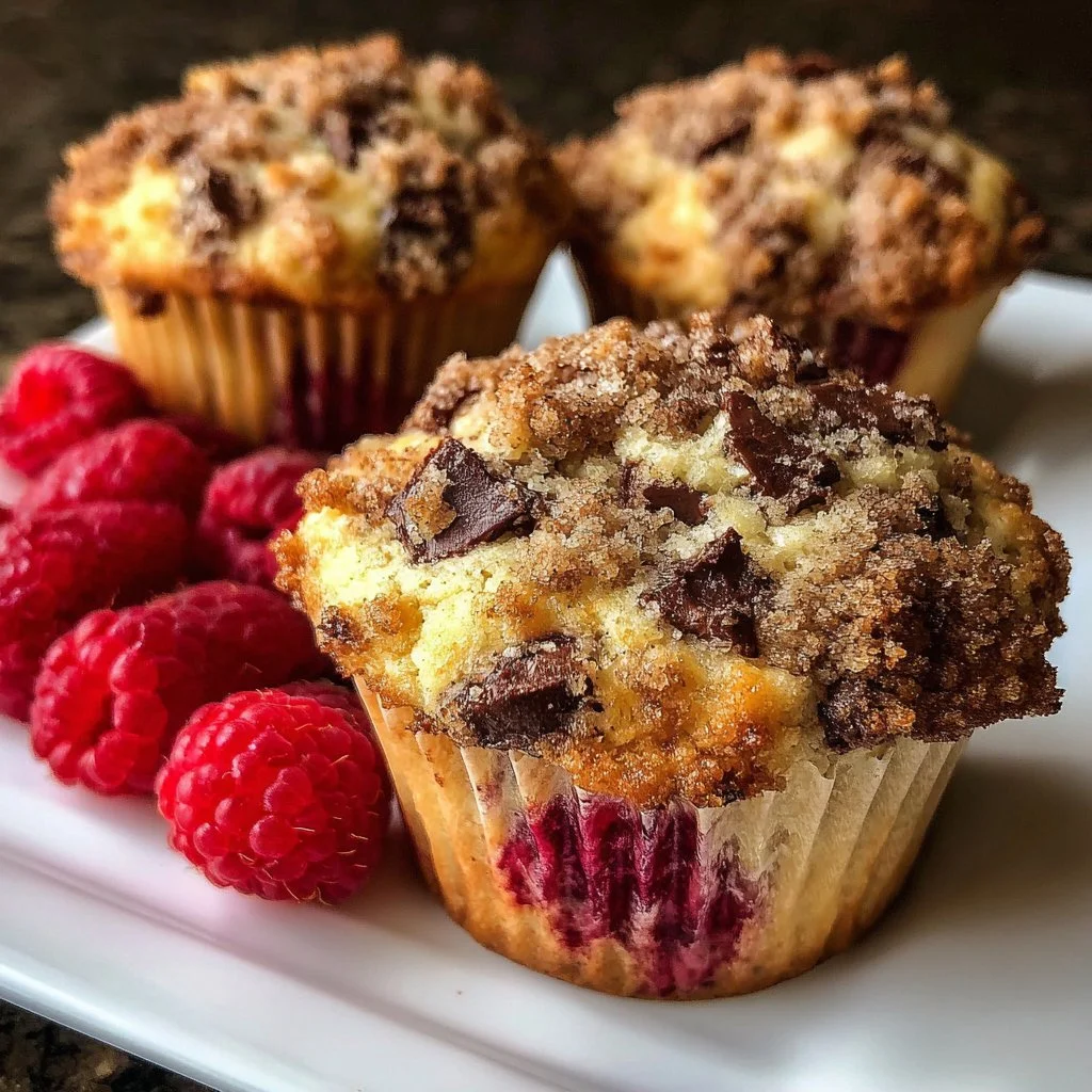 Dark chocolate chunk raspberry crumb muffins on a wooden table
