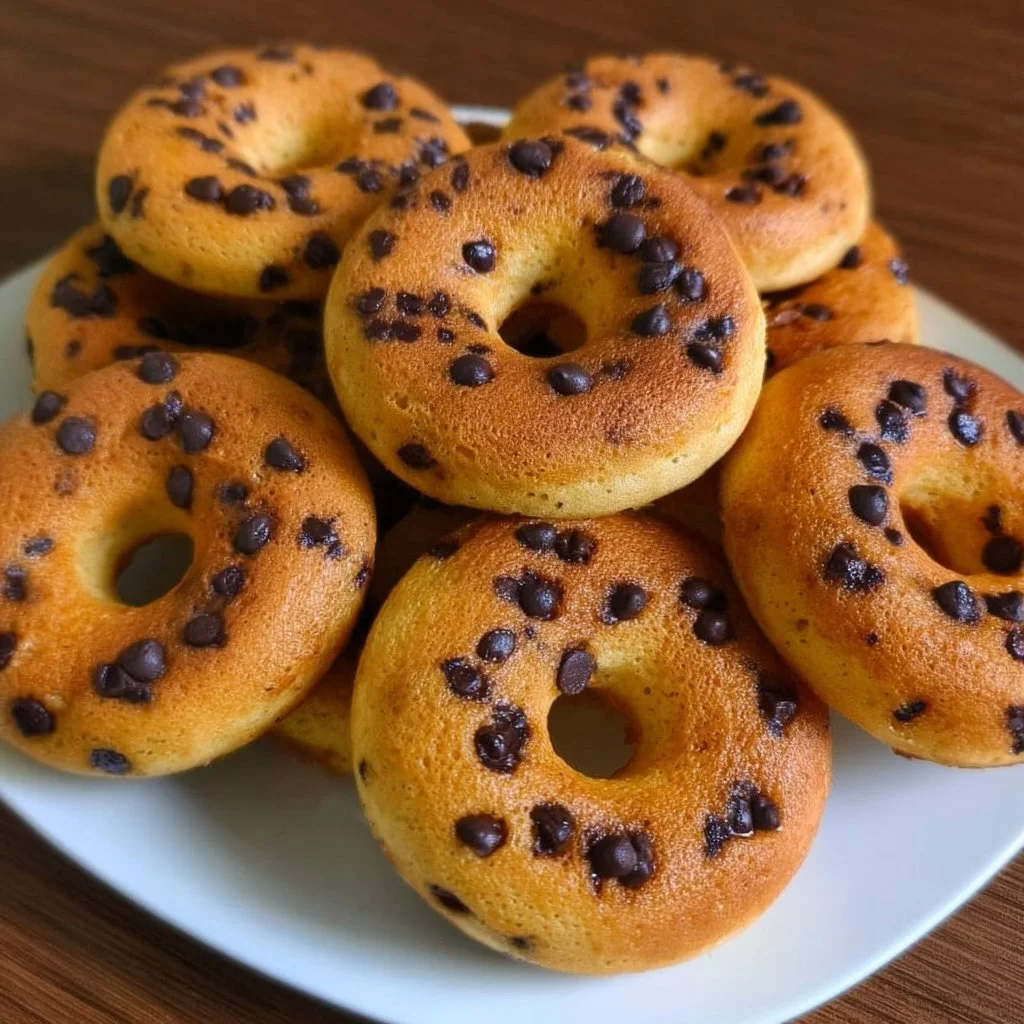 Delicious easy pancake donuts topped with chocolate chips