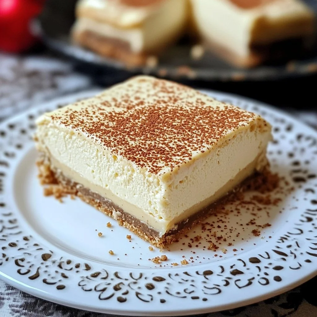 Delicious eggnog cheesecake bars topped with whipped cream and nutmeg