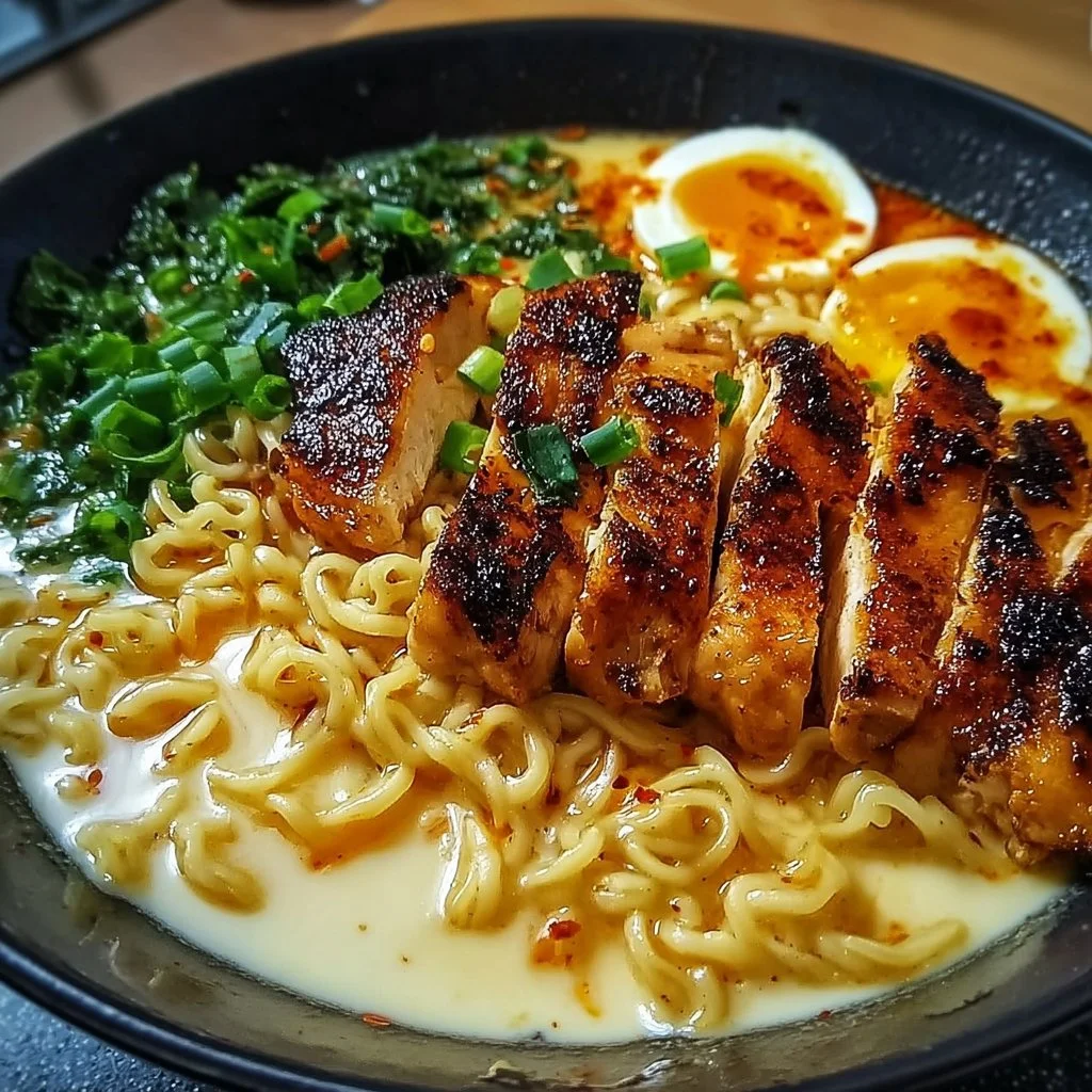 Fiery chicken ramen topped with creamy garlic sauce in a bowl