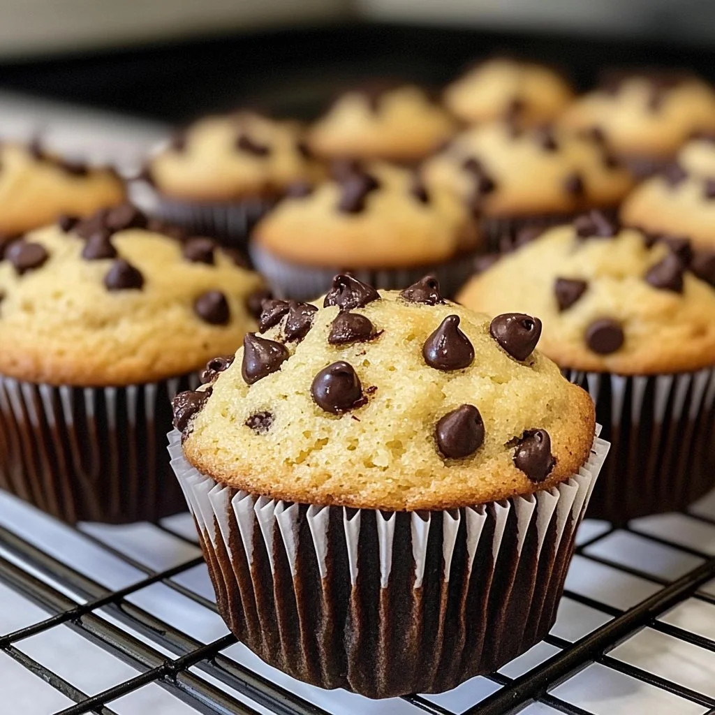 Freshly baked fluffy chocolate chip muffins with gooey chocolate chips