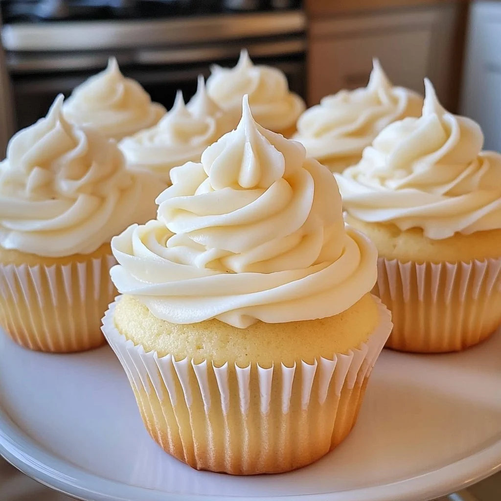Fluffy white cupcakes with frosting on a decorative platter