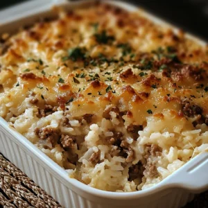 Delicious French onion ground beef and rice casserole fresh from the oven