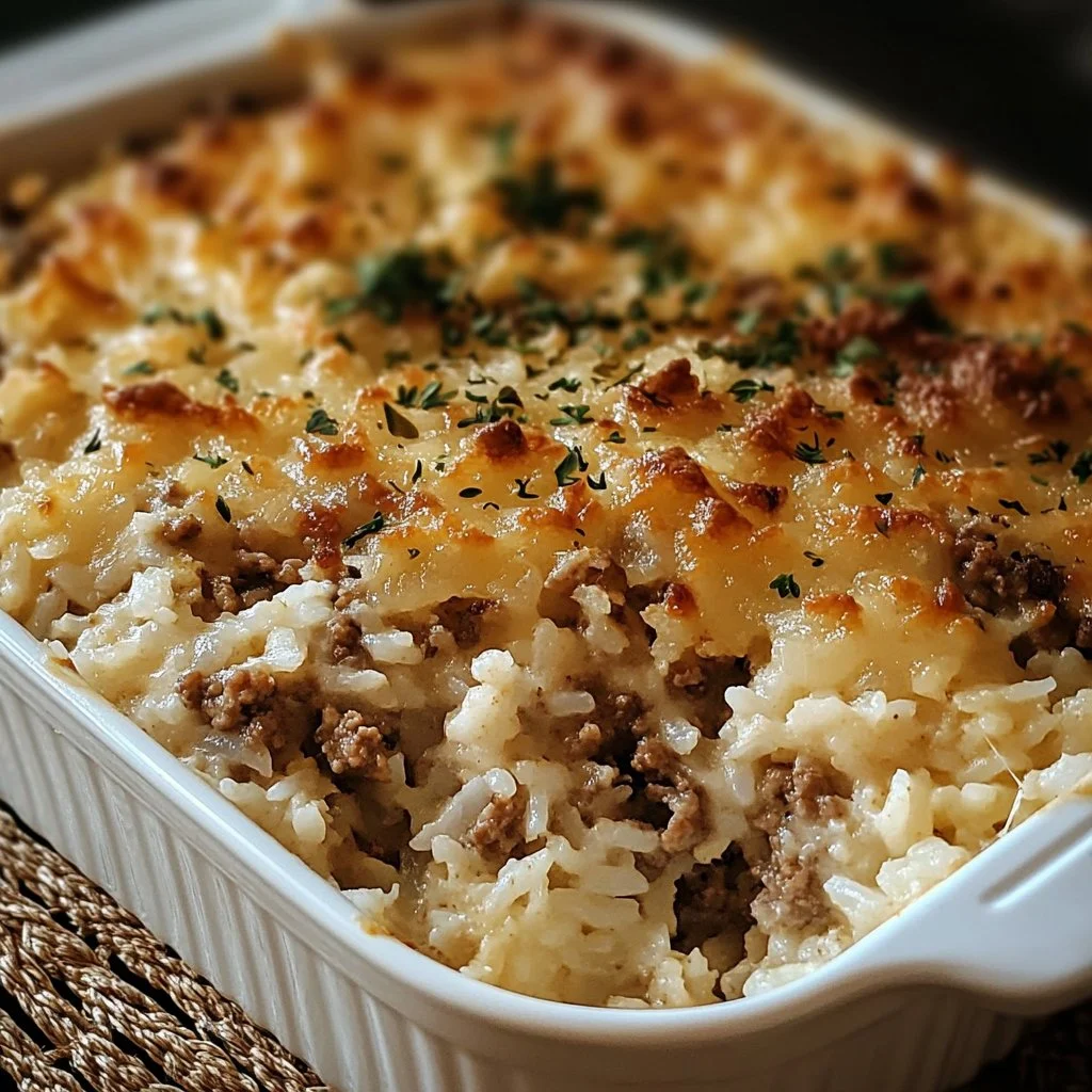 Delicious French onion ground beef and rice casserole fresh from the oven