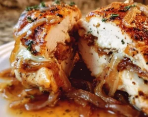 French onion chicken stuffed with caramelized onions and cheese