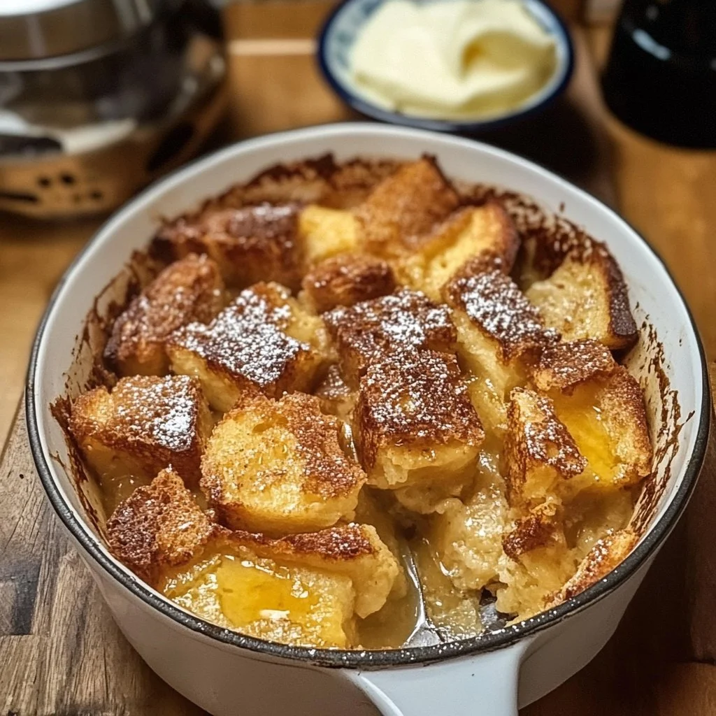 Delicious baked French Toast Casserole topped with powdered sugar and berries.