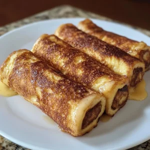 Delicious French Toast Roll-Ups filled with cream and served with syrup