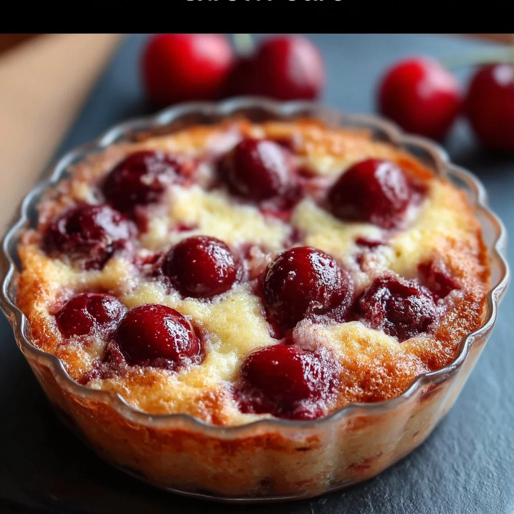 Fresh cherry clafoutis dessert topped with cherries and powdered sugar