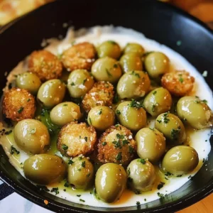 Dish of fried olives with garlic aioli on a plate