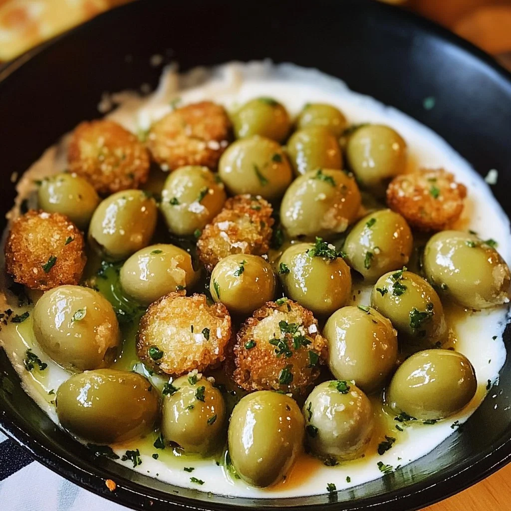 Dish of fried olives with garlic aioli on a plate