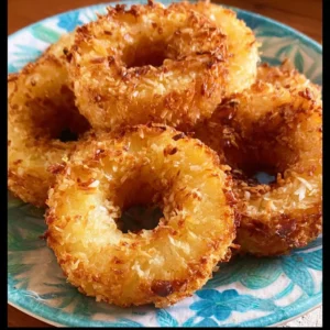 Plate of delicious Fried Piña Colada Rings garnished with tropical fruits