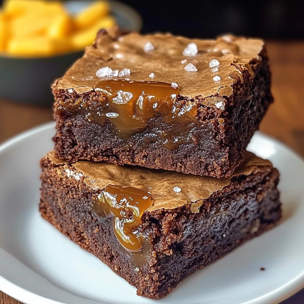 Fudgy salted caramel brownies topped with sea salt and caramel drizzle.