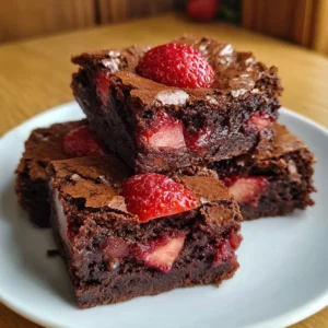 Delicious fudgy strawberry chocolate brownies topped with fresh strawberries.