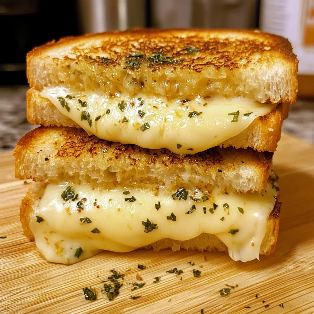 A delicious garlic bread grilled cheese sandwich melting with cheese and golden crust.