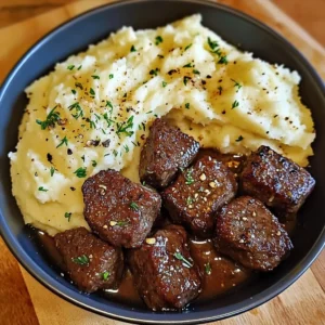 Delicious Garlic Butter Beef Bites served with creamy mashed potatoes