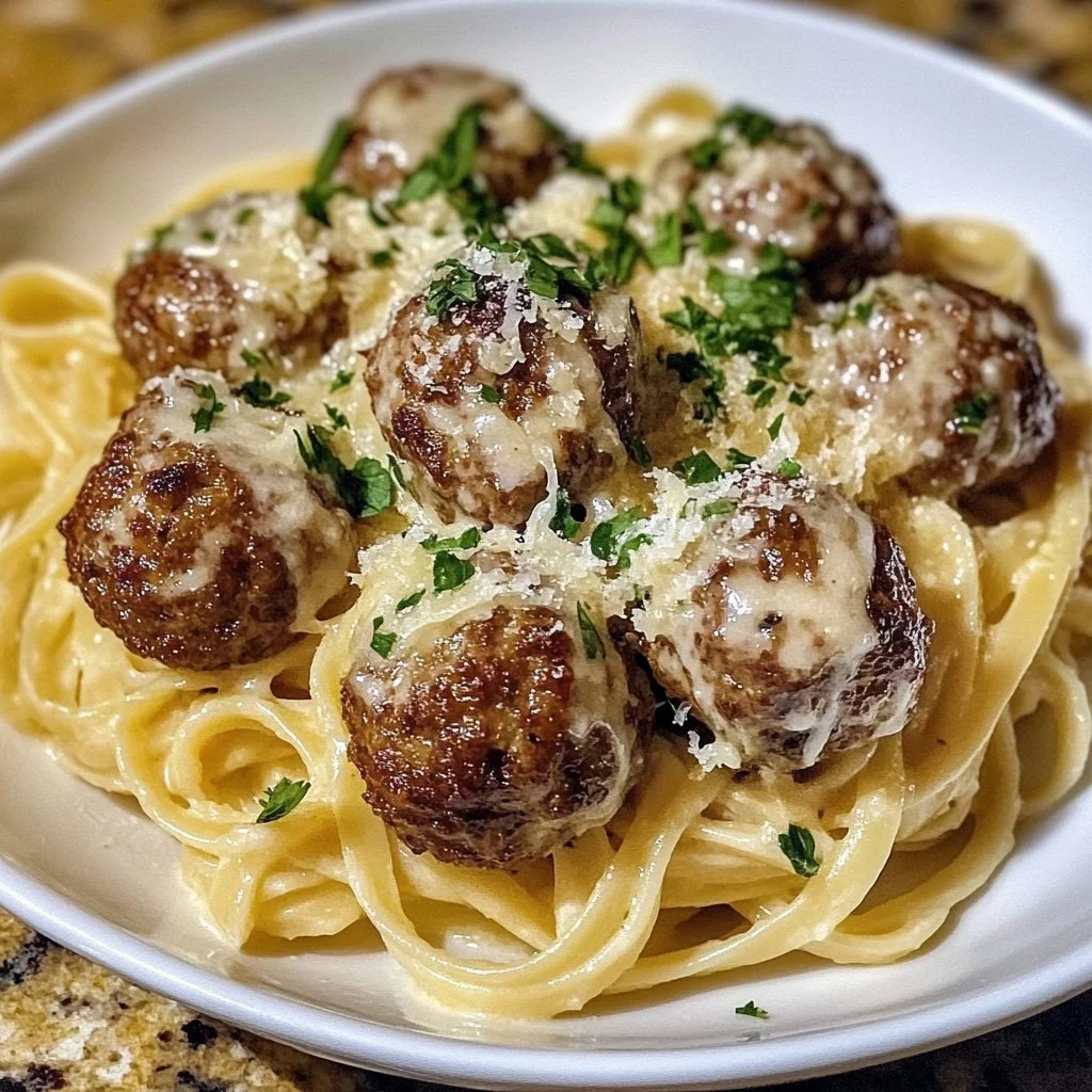Garlic butter meatballs served on a plate with creamy parmesan linguine