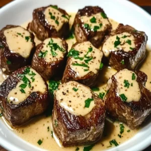 Succulent garlic butter steak bites with creamy parmesan sauce served in a bowl.