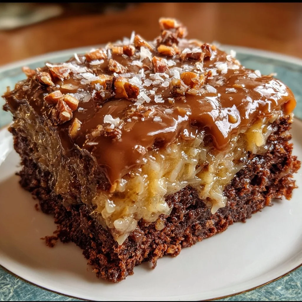 Delicious slice of German Chocolate Sheet Cake topped with coconut frosting