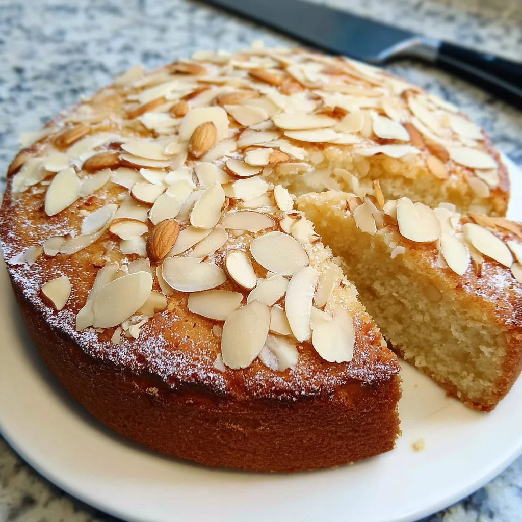 Gluten-free vegan almond cake served on a white plate with fresh almonds