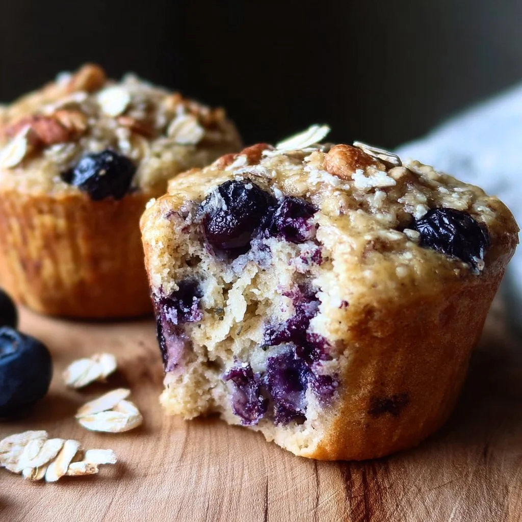Gluten-free vegan blueberry oatmeal muffins fresh out of the oven.