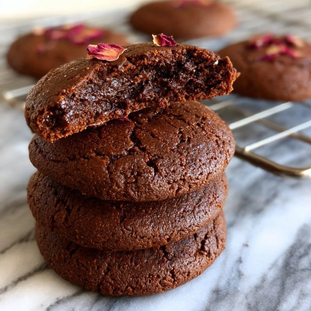 Delicious gluten-free vegan chocolate brownie cookies on a rustic wooden table.