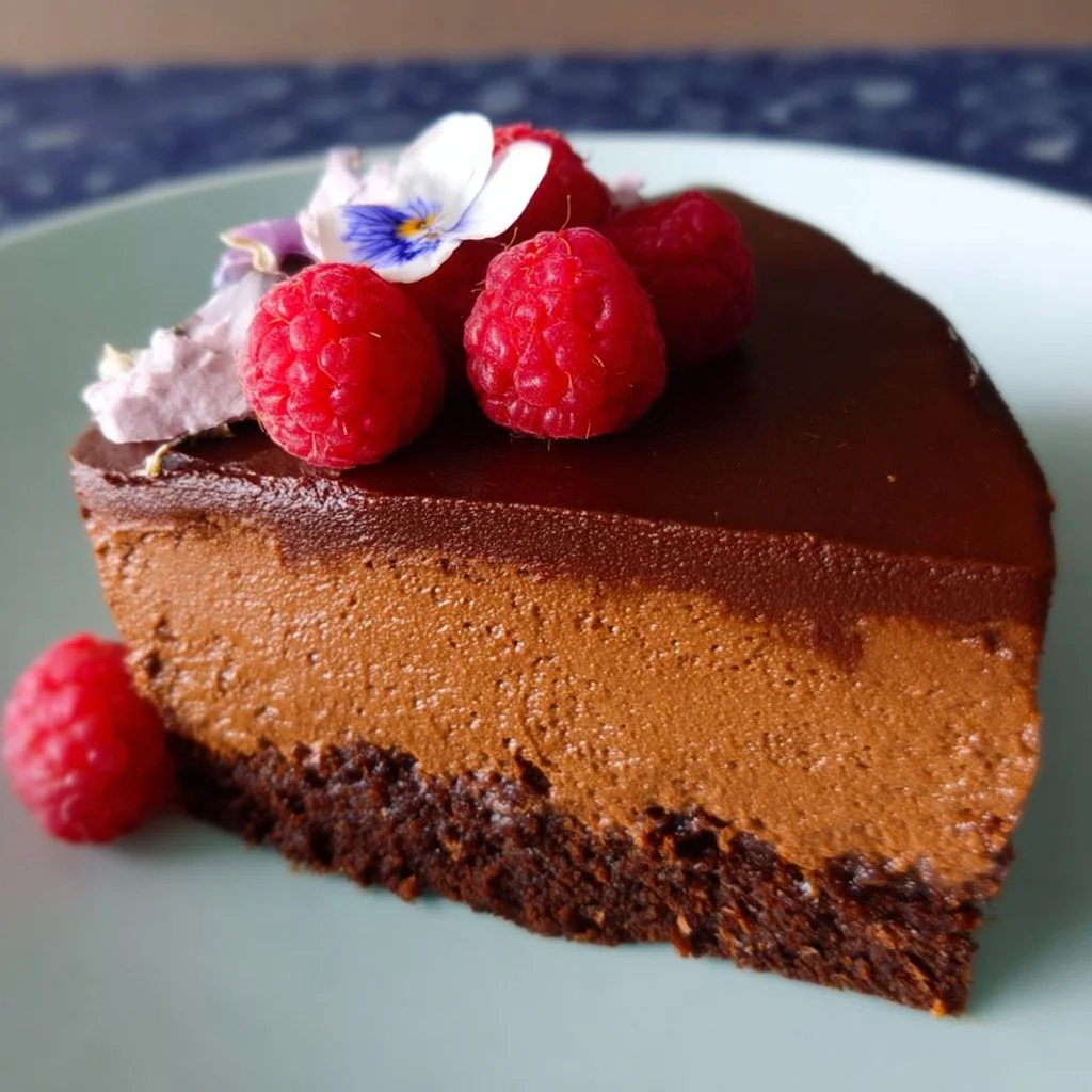 Gluten-free vegan chocolate mousse cake topped with berries and chocolate shavings.