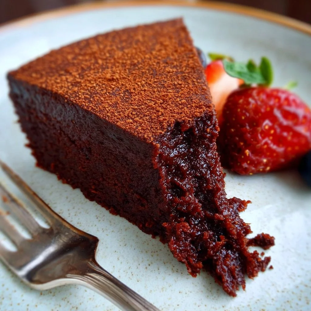 Vegan gluten-free chocolate torte garnished with fresh berries and chocolate shavings