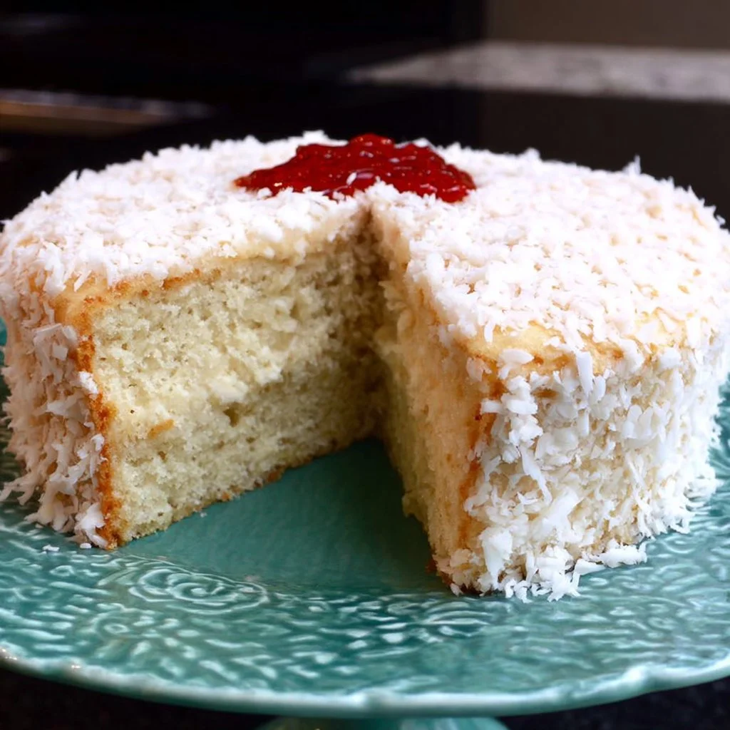 Delicious gluten-free vegan coconut cake topped with coconut flakes