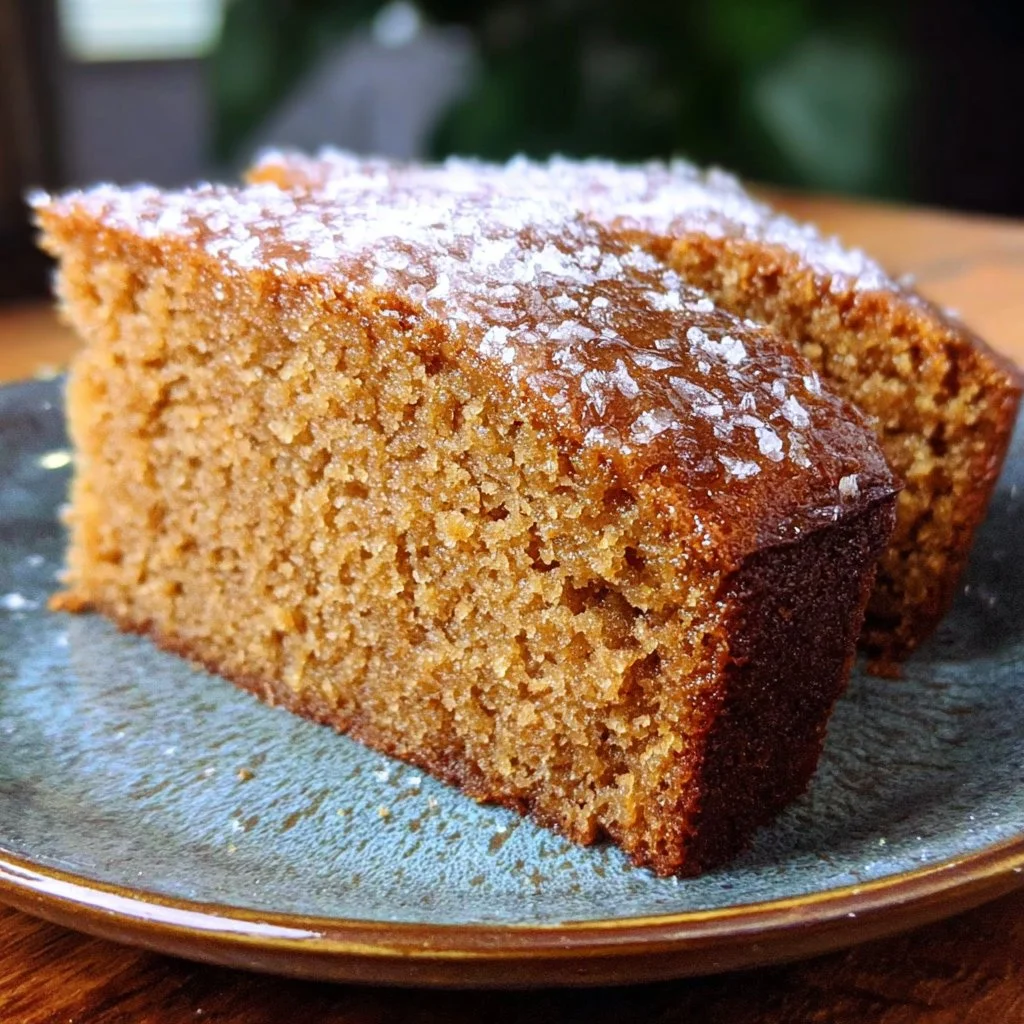 Gluten-free vegan ginger cake served on a rustic wooden table.
