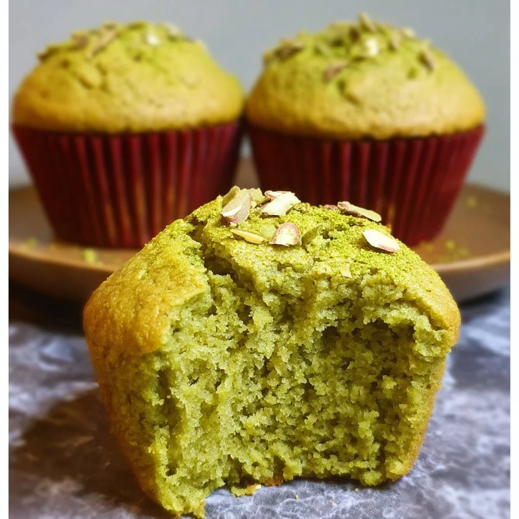 Gluten-free vegan matcha muffins on a wooden table