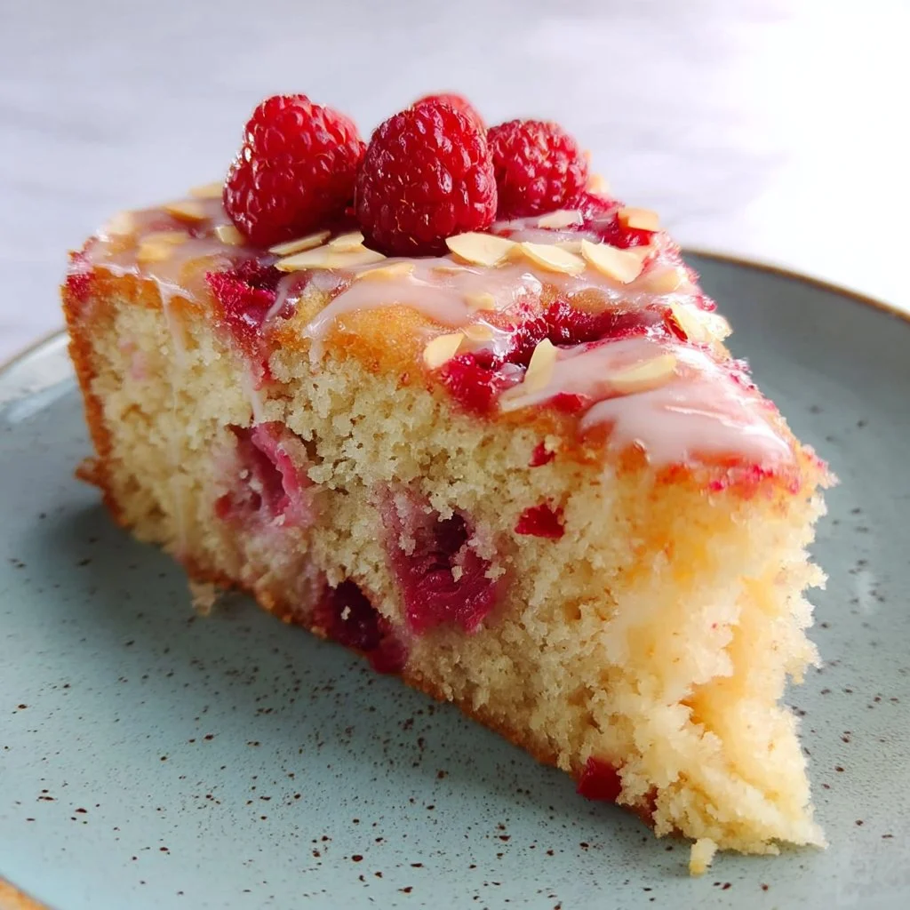 Gluten-free vegan raspberry cake with fresh raspberries and a light frosting