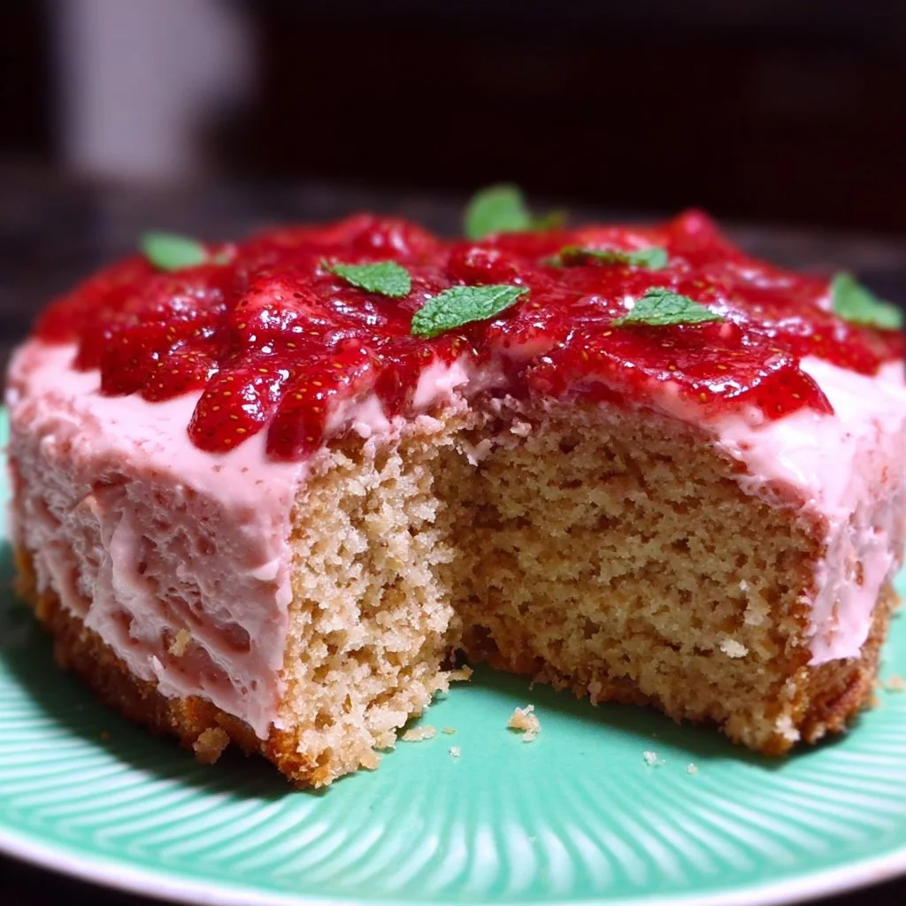 Gluten-free vegan strawberry cake topped with fresh strawberries and whipped cream