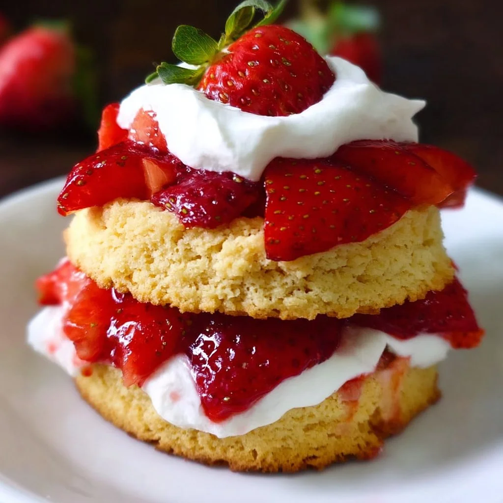 Gluten-free vegan strawberry shortcake topped with fresh strawberries and whipped cream