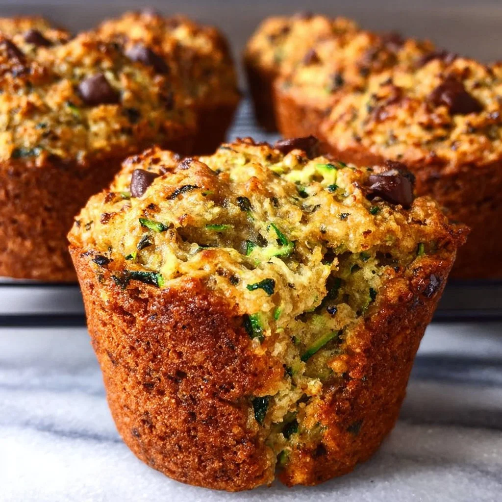 Gluten-free vegan zucchini muffins fresh out of the oven with green zucchini pieces.