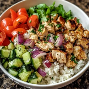 A colorful Greek Chicken Bowl with fresh vegetables and herbs.