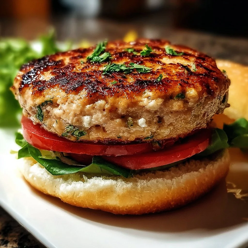 Juicy Greek Chicken Burgers served with fresh toppings and garnishes