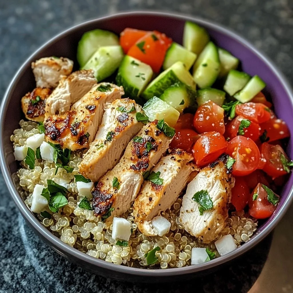 Greek chicken quinoa bowl with colorful vegetables and feta cheese