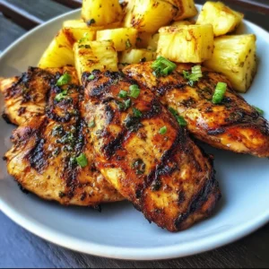 Grilled Aloha Chicken served with pineapple slices on a platter