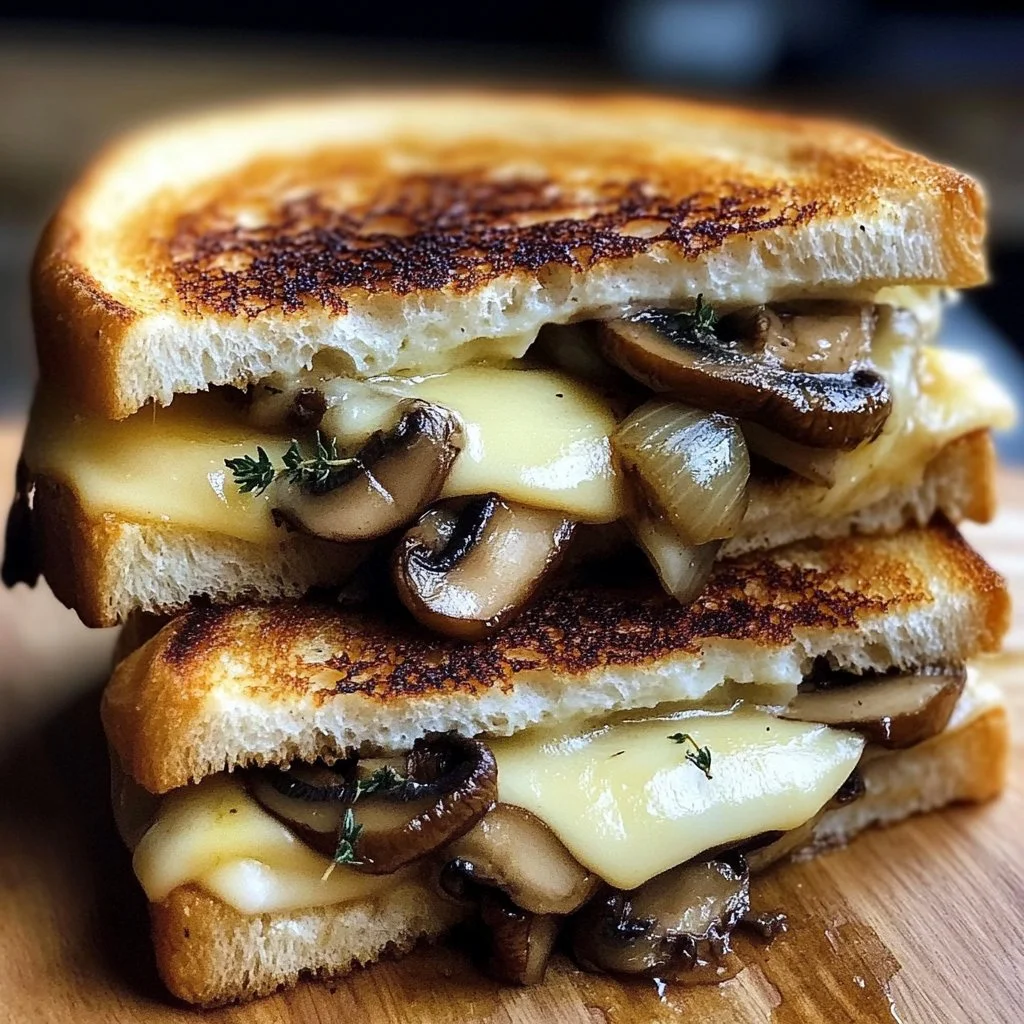 Gourmet grilled cheese sandwich with Gouda, roasted mushrooms, and caramelized onions