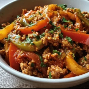 Ground turkey and colorful bell peppers cooked in a delicious meal