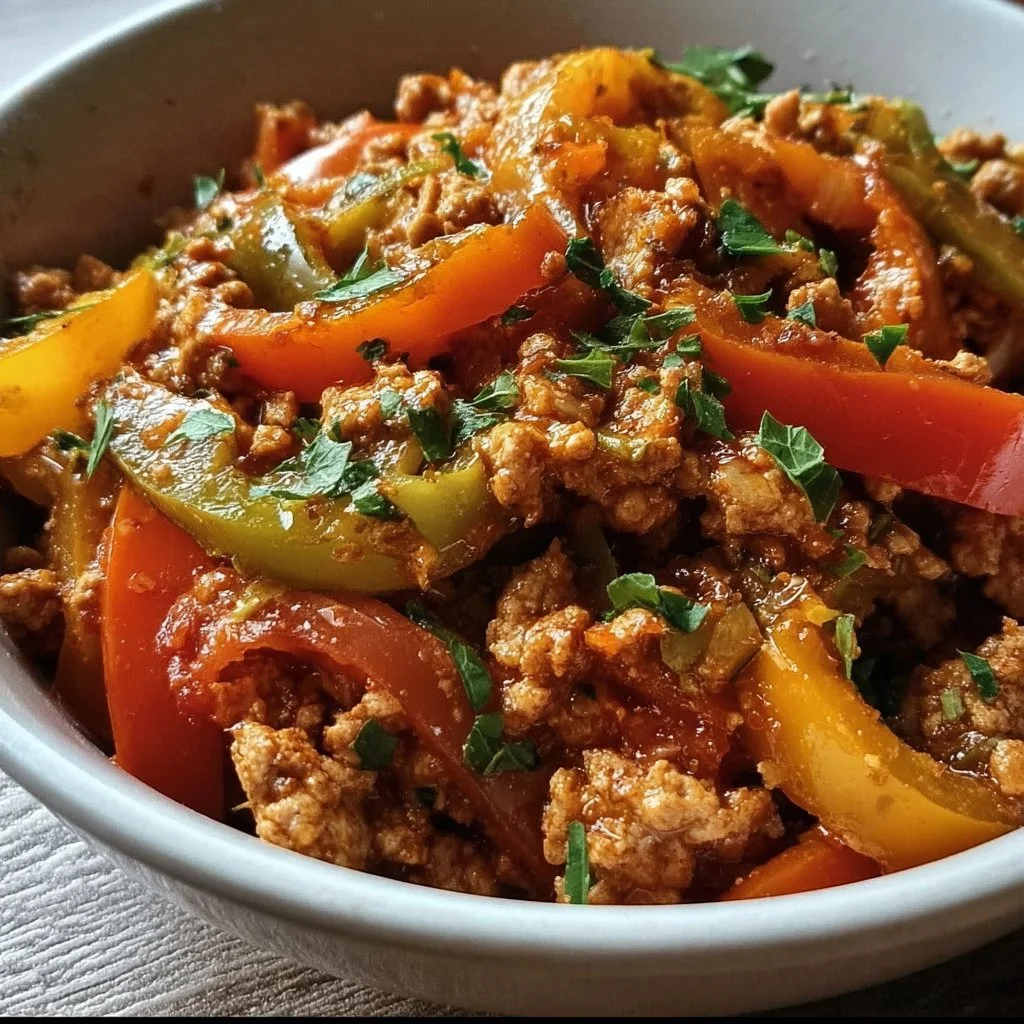 Ground turkey and colorful bell peppers cooked in a delicious meal