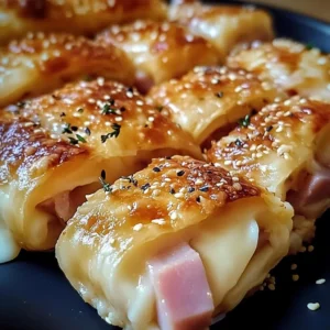 Plate of homemade ham and cheese sticks ready to be served