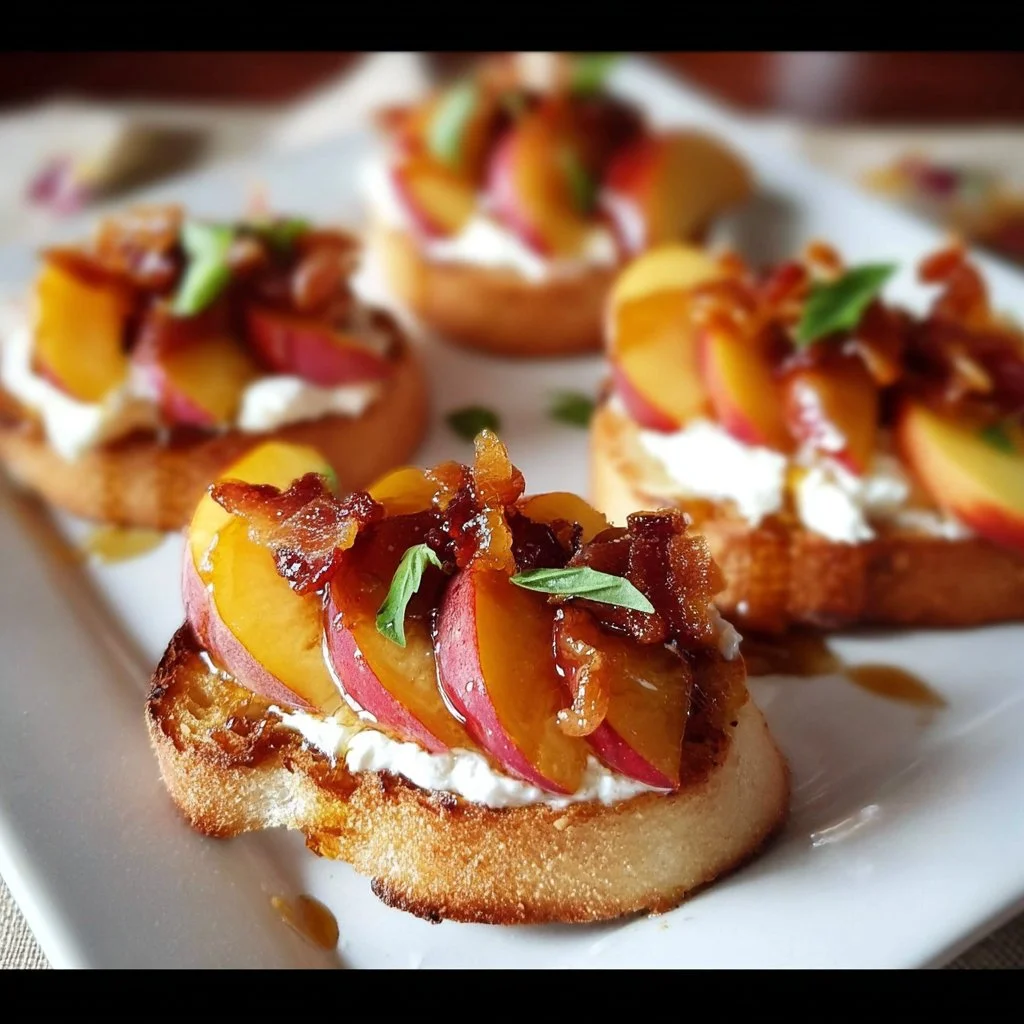 Honey ricotta peach crostini with crispy pancetta on a serving plate
