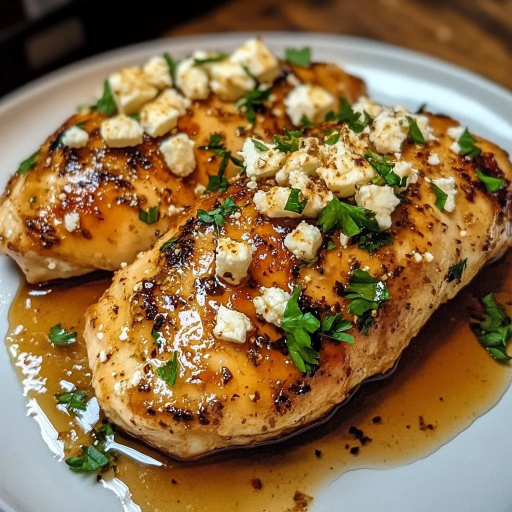 A delicious plate of hot honey feta chicken garnished with herbs.
