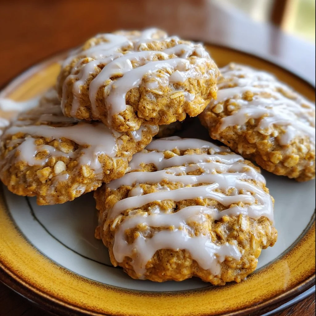 Iced pumpkin oatmeal cookies on a wooden table