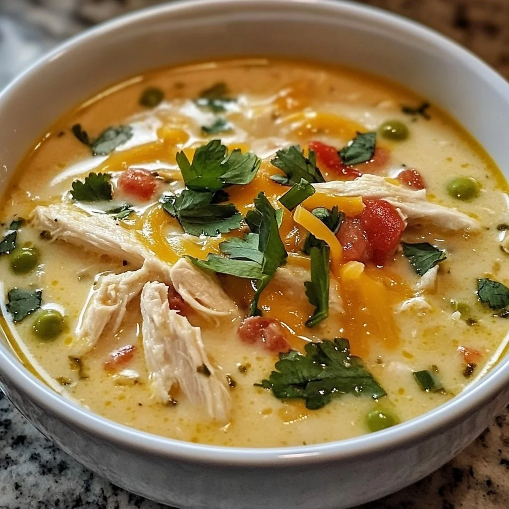 Bowl of jalapeño popper chicken soup garnished with cheese and jalapeños