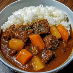 Delicious bowl of Japanese beef curry with rice and vegetables
