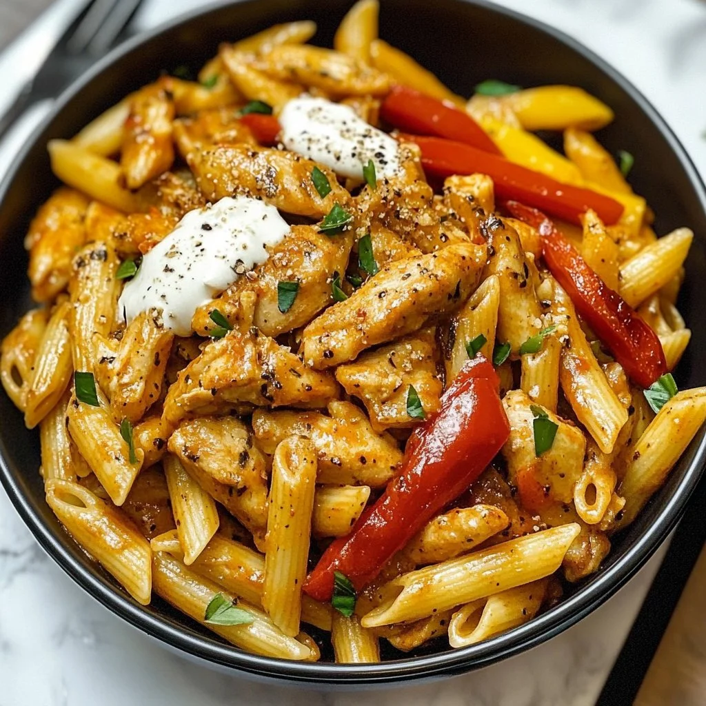 Delicious jerk chicken rasta pasta with colorful vegetables and spices