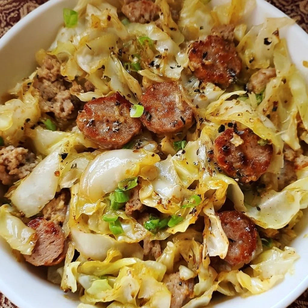 Plate of Keto Butter Fried Cabbage With Sausage, a low-carb dish