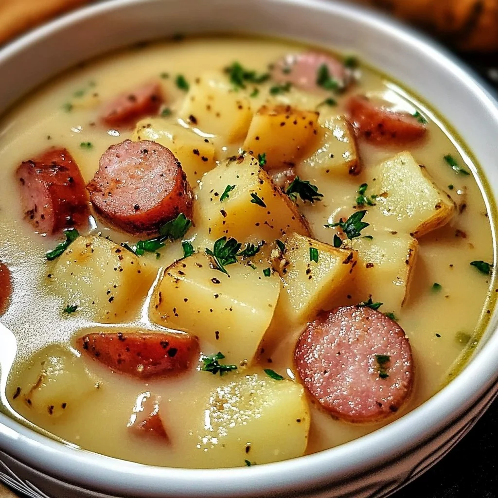 Bowl of Kielbasa Potato Soup garnished with herbs and spices